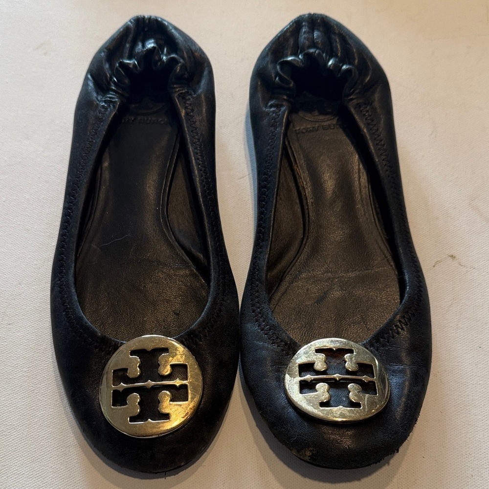 Tory Burch Black Leather Flats with Gold Logo